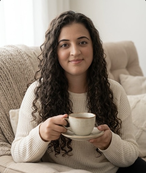 Ariany Lima sentada no sofá segurando uma xícara de café