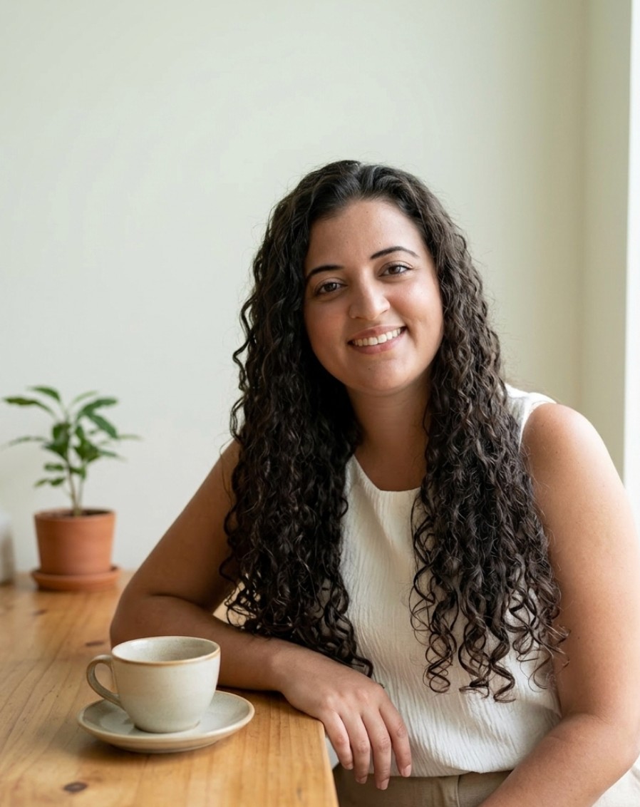 Ariany Lima sorrindo, sentada à mesa de madeira com uma xícara de café